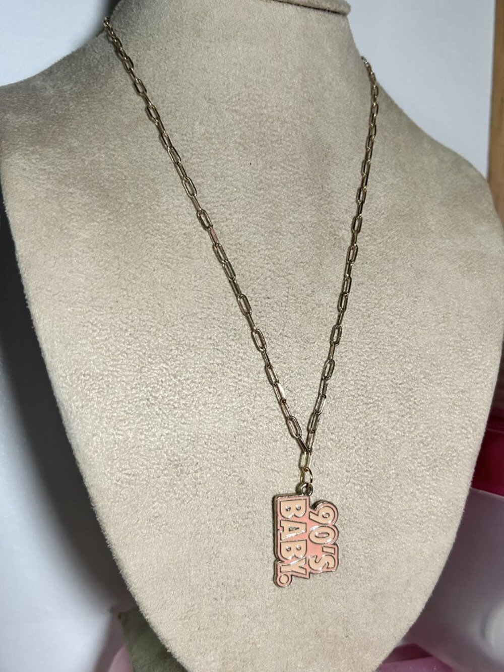 Vintage Gold Tone 90s Baby Pink Enamel Charm Paperclip Chain Necklace